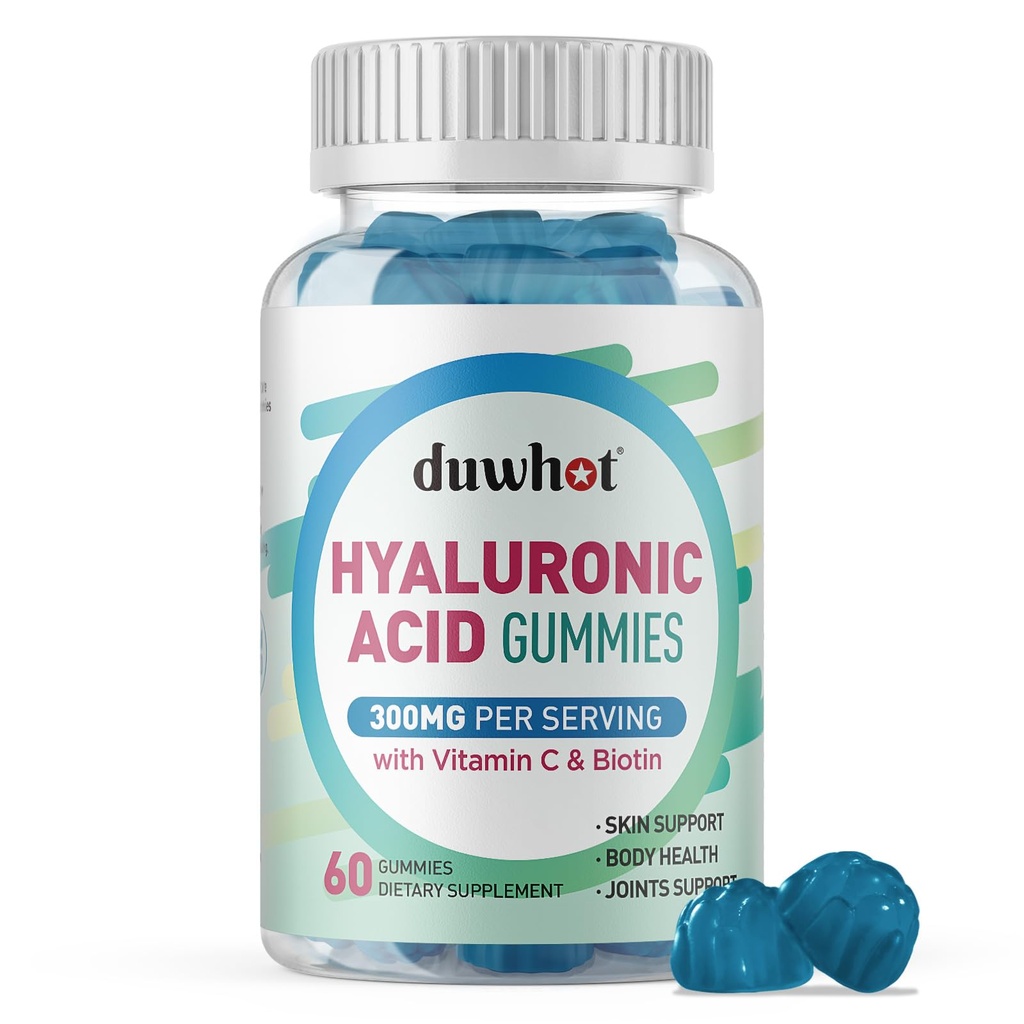 duwhot Hyaluronic Acid Gummies, Hyaluronic Acid Supplements with Vitamin C & Biotin 5000mcg for Skin, Hair, Nails Health, Joints Supplements for Women & Men, Low Sugar, Vegan, Non-GMO, 60 Counts