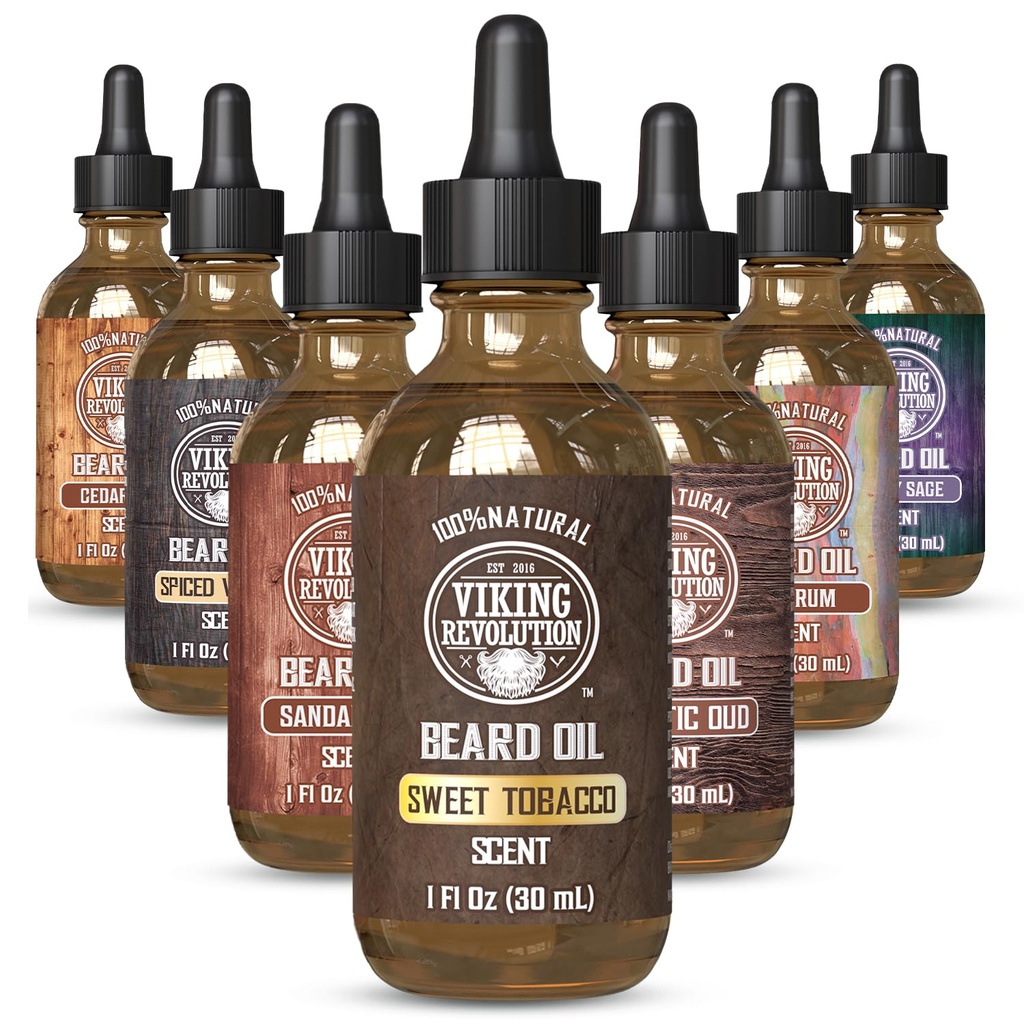 Viking Revolution Sweet Tobacco Beard Oil for Men - Natural Mens Beard Oil with Argan Oil and Jojoba Oil - Beard Αποσκληρυντής, Ενισχύει και Ενυδατώνει - Beard Conditioner for Men (Sweet Tobacco,1Pack)