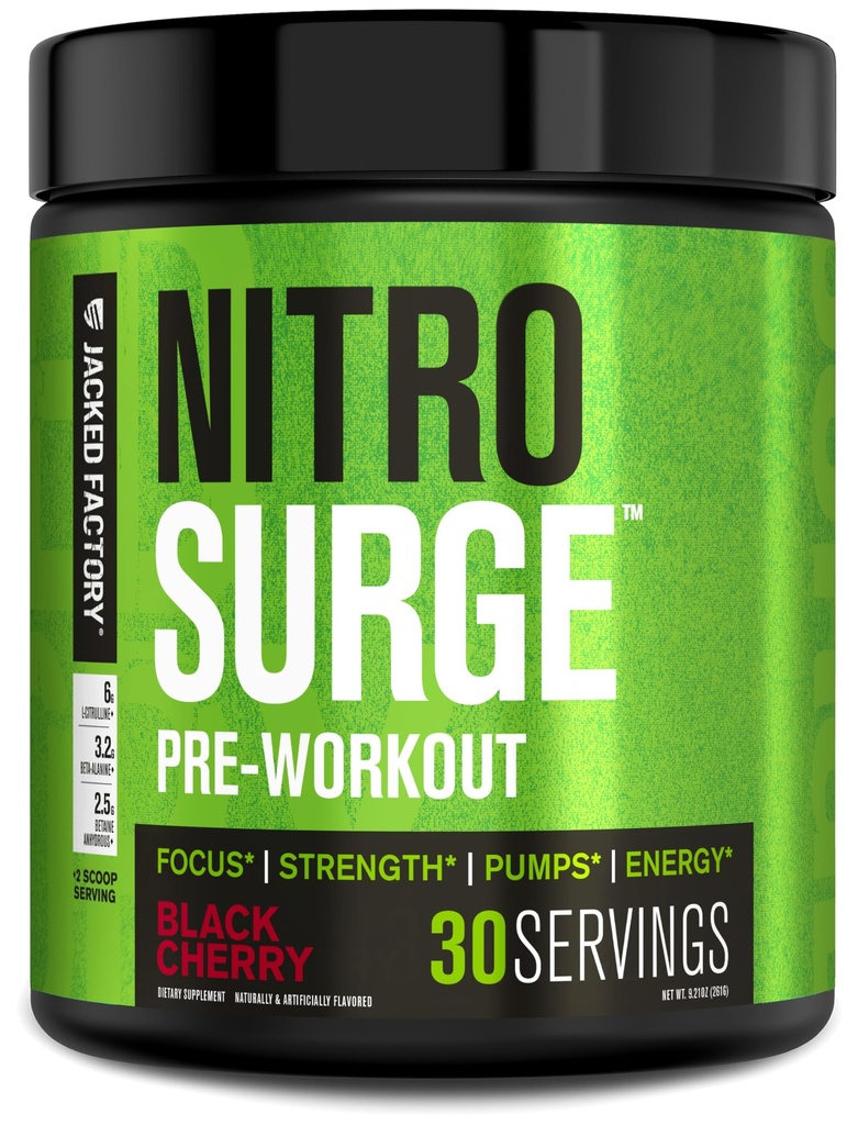Jacked Factory NITROSURGE Pre Workout Supplement - Endless Energy, Instant Strength Gains, Clear Focus and Intense Pumps - NO Booster & Powerful Preworkout Energy Powder - 30 Servings, Black Cherry