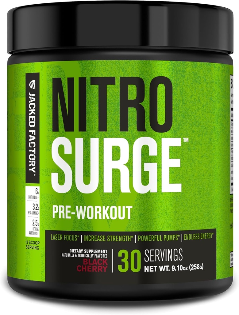 Jacked Factory NITROSURGE Preworkout Supplement - Ατελείωτη Ενέργεια, Άμεση Ενίσχυση Κερδίζει, Καθαρή Εστίαση και Έντονες Αντλίες - ΟΧΙ Booster & Ισχυρή Preworkout Energy Powder - 30 Υπηρεσίες, Μαύρο Τσέρι
