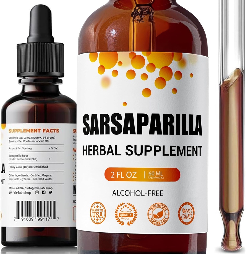 FabLab Sarsaparilla Root Tincture - Βότανο συμπλήρωμα για την υποστήριξη Detox και ανοσοποιητικών - 2 Fl Oz - Χωρίς αλκοόλ - Μη GMO - Υποστηρίζει υγιή δέρμα, ισορροπία ορμονών, και πέψη