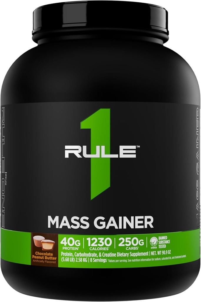 Rule 1 Mass Gainer - High-Calorie Weight Gain Formula with 1,220+ Calories, 250g+ Complex Carb Blend, 40g All-Whey Protein Per Serving (8 Servings, Chocolate Peanut Butter)