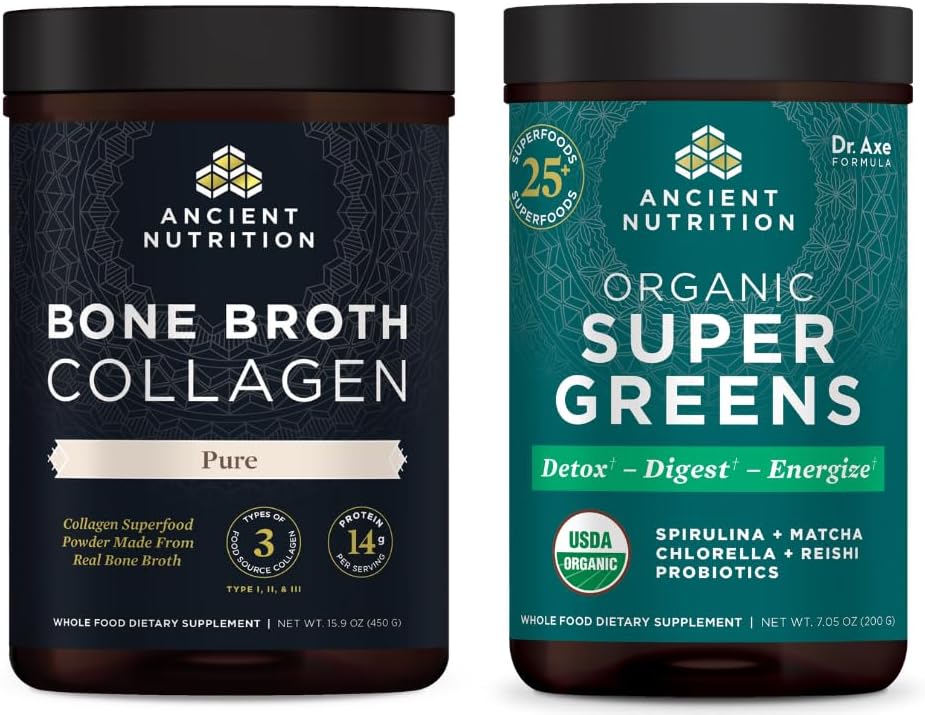 Αρχαίας διατροφής Broth Collagen σκόνη, Pure, 30 εξυπηρετούν + οργανικά Supergreens σκόνη, Πράσινο άρωμα, 25 εξυπηρετεί