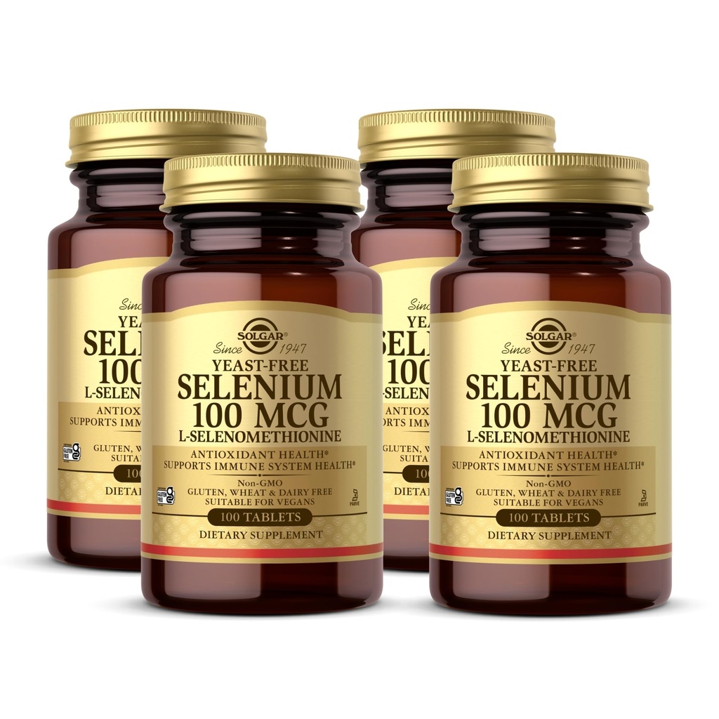 Solgar Yeast-free Σελήνιο 100 mcg - 100 δισκία, συσκευασία των 4 - Υποστηρίζει Αντιοξειδωτικό & ανοσοποιητικό σύστημα Υγεία - Μη ΓΤΟ, Χωρίς γλουτένη, Χωρίς γαλακτοκομικά, Kosher - 400 Σύνολο Σερβίρει