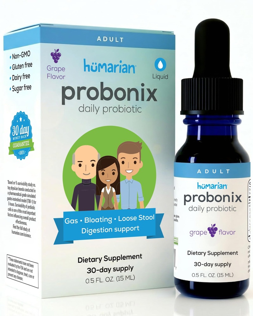 Probonix Humarian Υγρά Προβιοτικά για Ενήλικες - 12-Strain Probiotic Drops to Fortify Gut Health, Immunity and More - 30-Day Supply - Νοστιμότατο άρωμα σταφυλιών