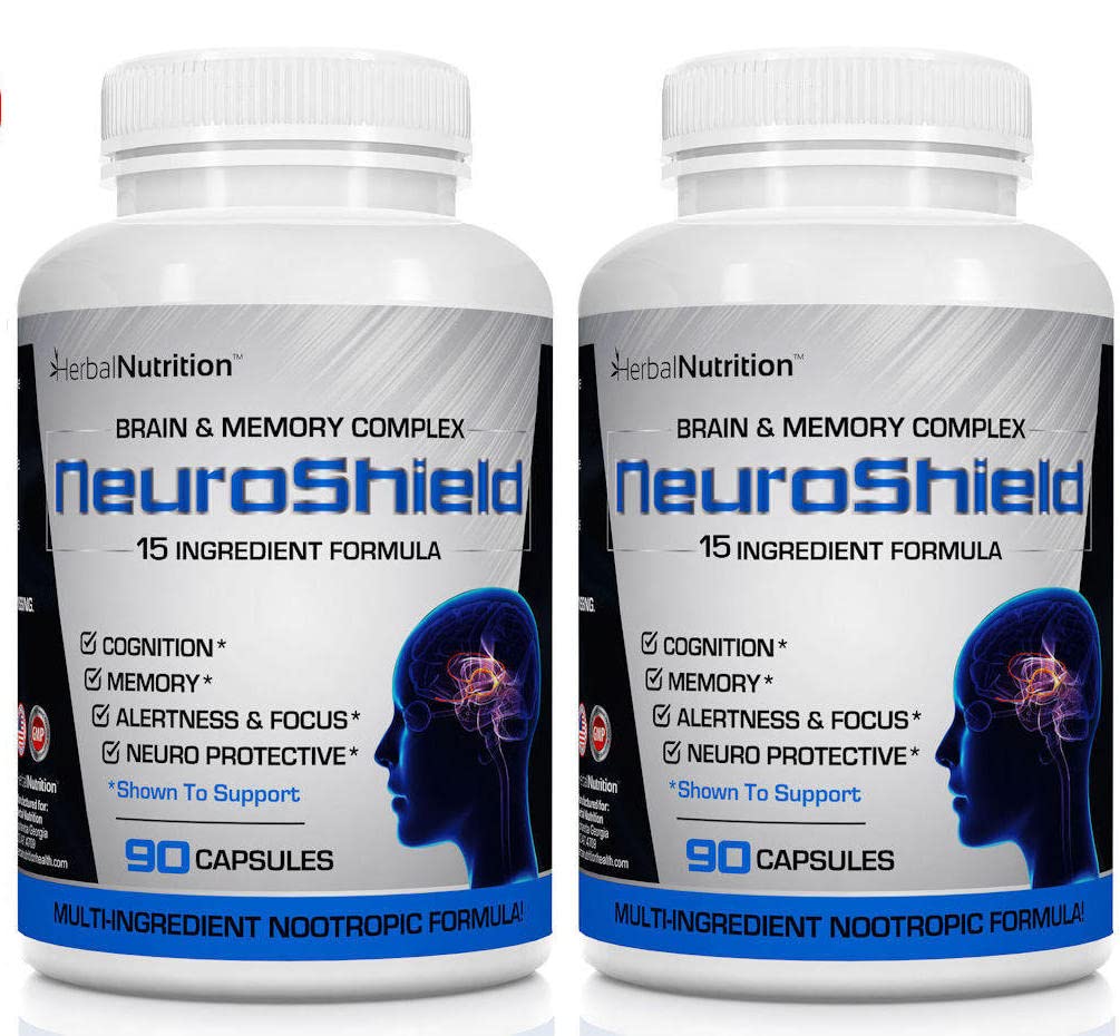 NeuroShield, Brain Supplement a Nootropic Brain Booster and Memory Supplement, Περιέχει Huperzine A, Ginko Biloba, Bacopa Plus Αντιοξειδωτικά για την υγεία του εγκεφάλου, Multi-Συστατικά, 2 Φιάλες, 180 κάψουλες