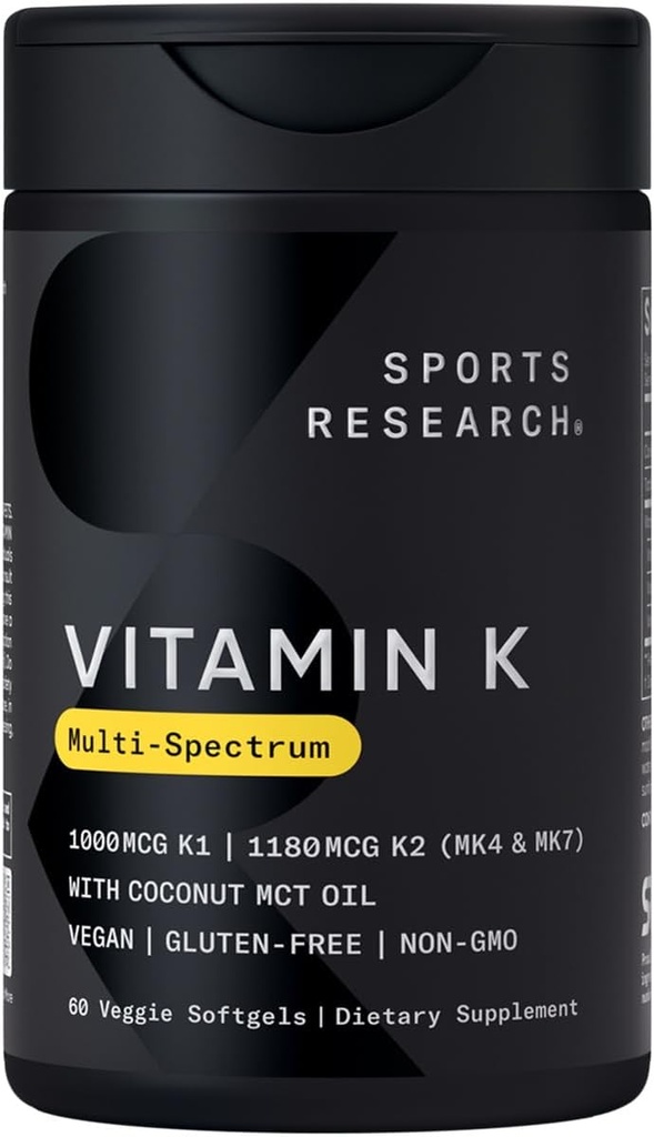Sports Research Vitamin K Multi-Spectrum - Τρεις Τύποι Βιταμίνης K: K1, K2 MK-4 & K2 MK-7 - Vegan Friendly, Plantgel κάψουλα - 60 softgels