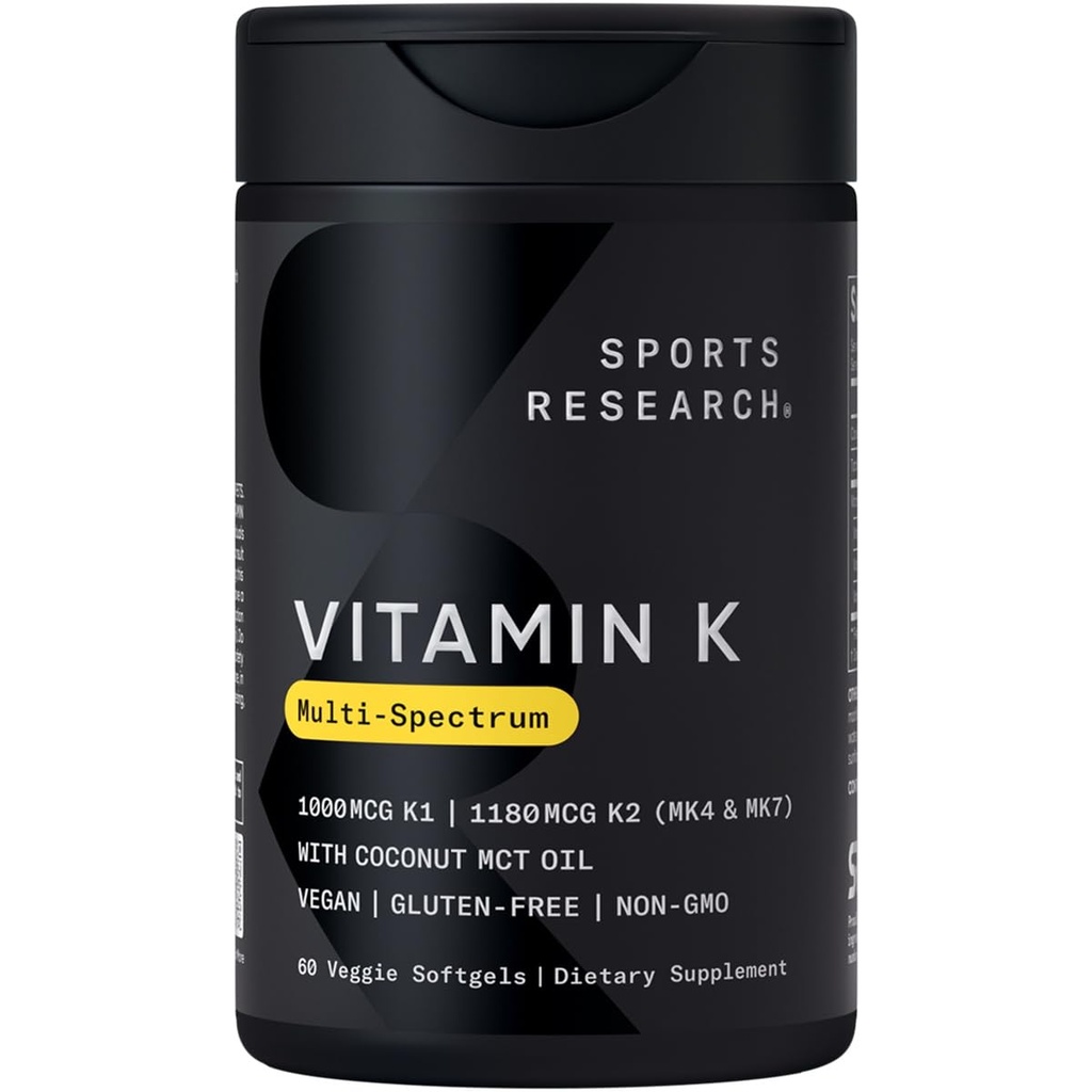Sports Research Vitamin K Multi-Spectrum - Τρεις Τύποι Βιταμίνης K: K1, K2 MK-4 & K2 MK-7 - Vegan Friendly, Plantgel κάψουλα - 60 softgels