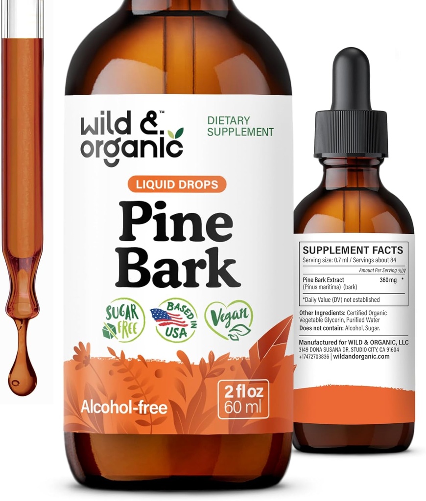 Άγρια & οργανικά Pine Bark Extract Βάμμα - Αντιοξειδωτική Υποστήριξη - Συμπληρώματα Pinus Pinaster - Γαλλική Maritime Bark Liquid Drops - 2-Month Supply - Vegan, Αλκοόλ & Ζάχαρη-Free - 2 fl oz