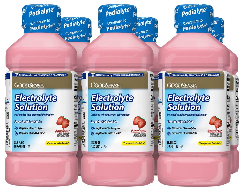 GoodSense Strawberry Electrolyte Solution, Αντικαθιστά Ηλεκτρολύτες, Υγρό & Ψευδάργυρο, Παιδιά & Ενήλικες, 33.8 Ουγγιές Υγρού (Pack of 6)