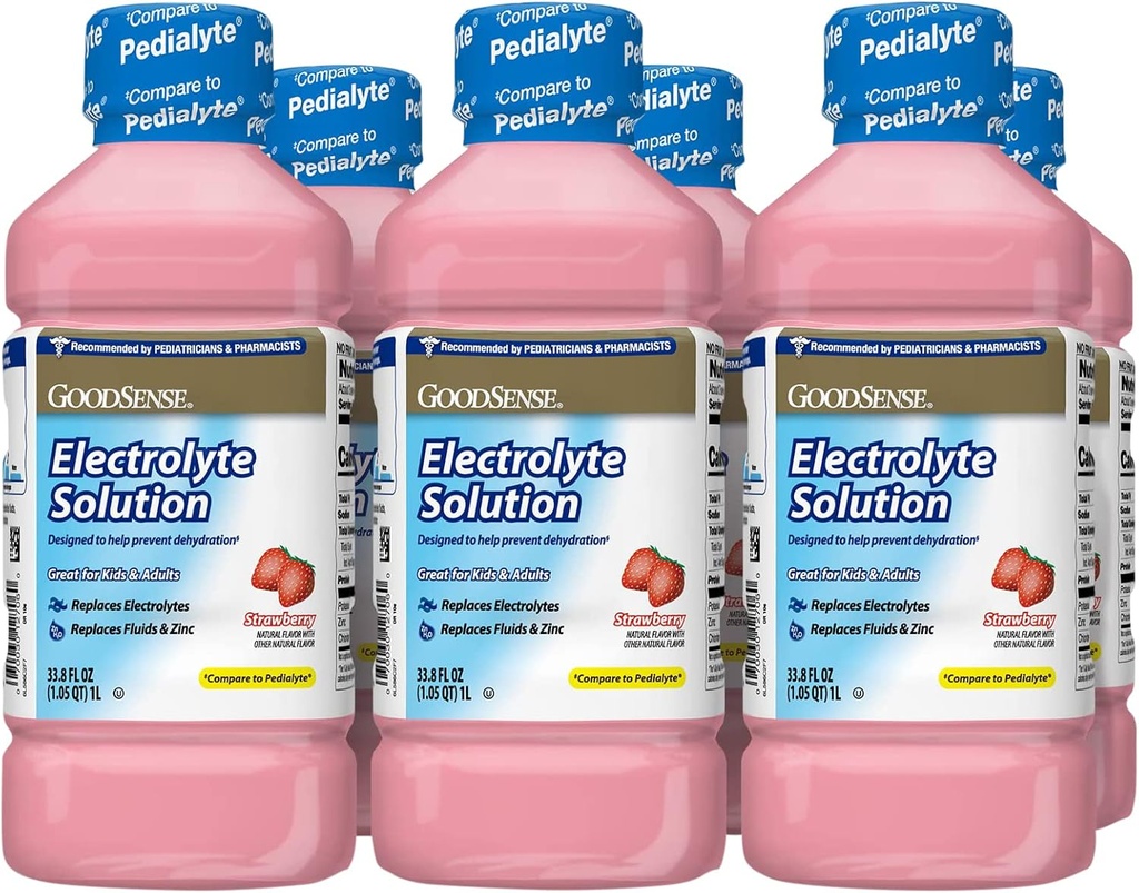 GoodSense Strawberry Electrolyte Solution, Αντικαθιστά Ηλεκτρολύτες, Υγρό & Ψευδάργυρο, Παιδιά & Ενήλικες, 33.8 Ουγγιές Υγρού (Pack of 6)