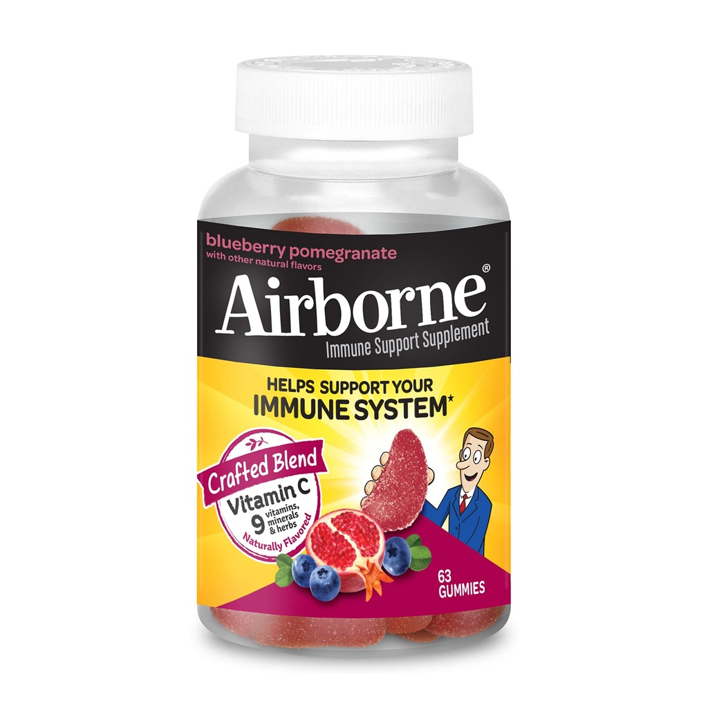 Airborne 750mg Βιταμίνη C Gummies Για Ενήλικες, Συμπλήρωμα Ανοσολογικής Υποστήριξης με Ισχυρές Αντιοξειδωτικές Βιταμίνες A C & E - 63 Gummies, Βατόμουρο Ρόδι Γεύση