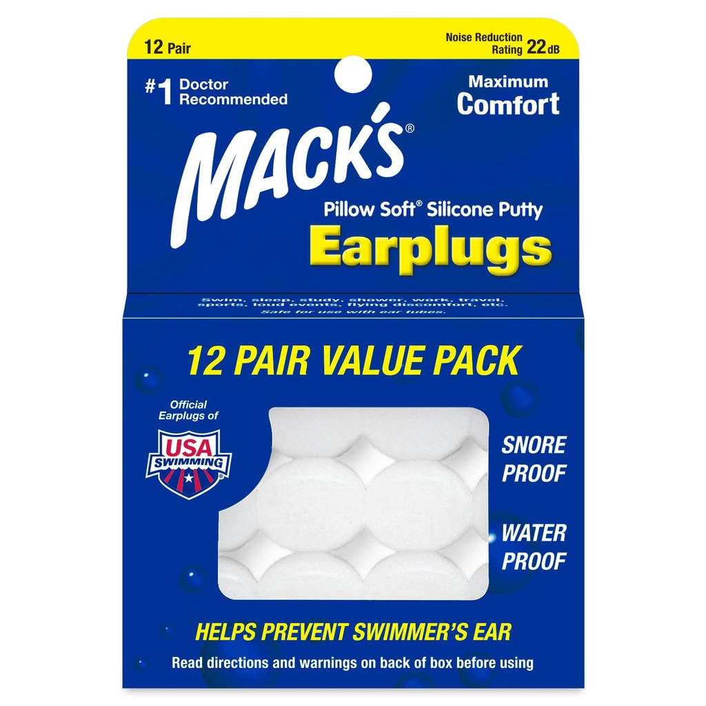 Μαξιλάρι Mack's Soft Silicone Earplugs, 12 Ζεύγος – Το αρχικό φορμά Silicone Putty Ear Plugs για τον ύπνο, Snoχαλητό, Κολύμβηση, Ταξίδια, Συναυλίες και Μελέτη 