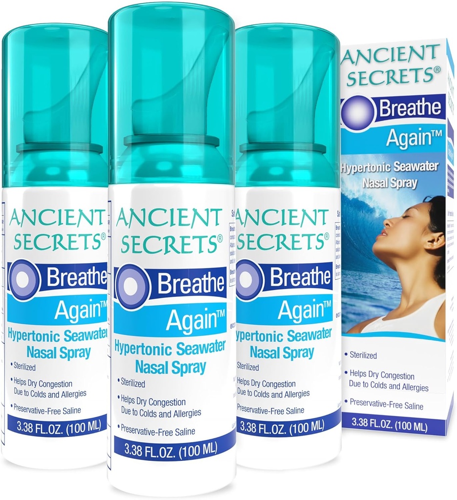 ANCIENT SECRETS Saline Nasal Spray - Breath Again Hypertonic Seawater Nasal Spray, Allergy & Sinus Relief, Nasal Congestion Moisturizer, 3.38 Fl Oz (Pack of 3)