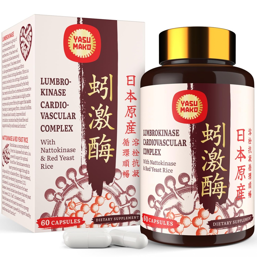 Lumbrokinase 100mg (Μέγιστη Δραστηριότητα 1.000.000 LKU), Nattokinase 100mg-2,000 FU Δραστηριότητας και Red Yeast Rice 300mg, Potent Lumbrokinase Enzymes Συμπλήρωμα για την Κυκλοφορική, Cognition, 60 Κάψουλες (Pack of 1)