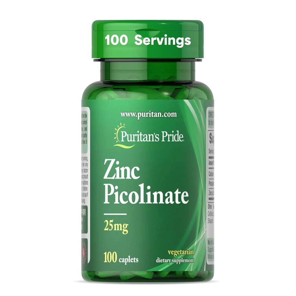 Puritan's Pride Zinc Picolinate Zinc 25mg με ασβέστιο και φώσφορο, χορτοφαγικό συμπλήρωμα διατροφής για το ανοσοποιητικό σύστημα, τον μεταβολισμό ενέργειας, τη διαίρεση κυττάρων και την υποστήριξη ανάπτυξης, 100 Caplets