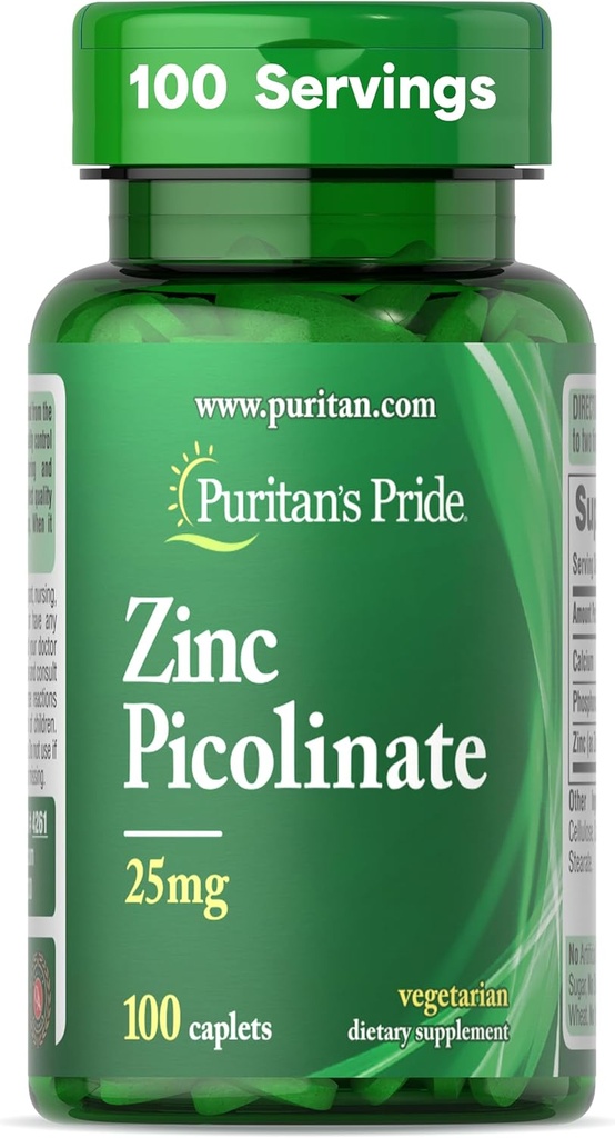 Puritan's Pride Zinc Picolinate Zinc 25mg με ασβέστιο και φώσφορο, χορτοφαγικό συμπλήρωμα διατροφής για το ανοσοποιητικό σύστημα, τον μεταβολισμό ενέργειας, τη διαίρεση κυττάρων και την υποστήριξη ανάπτυξης, 100 Caplets