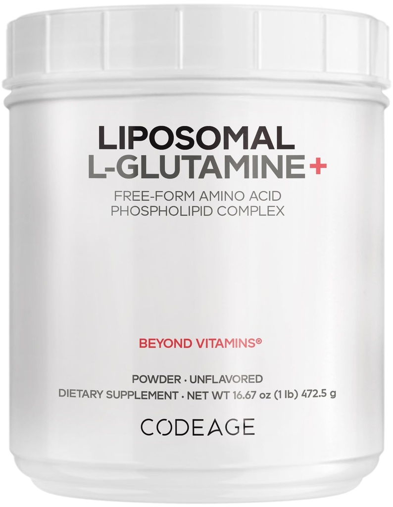 Codeage Liposomal L-Glutamine Powder - Υψηλής ισχύος L-Glutamine 5.000 mg per Serving - 3-Month Supply - Liposomal Delivery, Free-Form Amino Acid, Unflavored Glutamine - Μη-GMO Gluten-Free - 16,67 oz