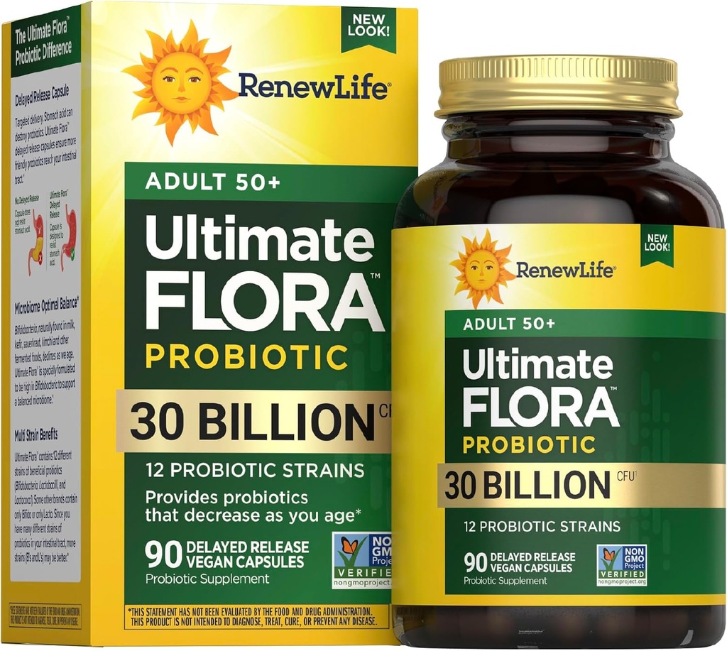 Renew Life Probiotic Adult 50 Plus Probiotic Capsules, Daily Supplement Supports Urinary, Digestive and Immune Health, L. Rhamnosus GG, Dairy, Soy and gluten-free, 30 Billion CFU, 90 Count