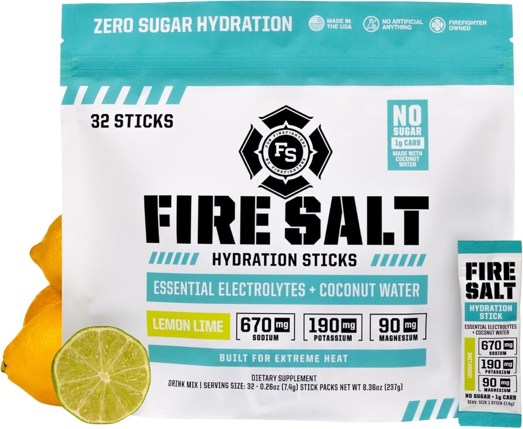 Fire Science Fire Salt Hydration Sticks, Electrolytes & Coconut Water, Hydration Drink Mix with Magnesium, Potassium & Sodium, Zero Sugar, Single Serve On The Go Packs, Lemon Lime Flavor, 32 Count