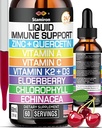 Zinc Quercetin Vitamin C D3 Liquid Immune Support with Vitamin A K2 Echinacea Chlorophyl and Elderberry - 9in1 Immune Defense Drops Complex for Inmmunity Health Respeatory Health - 60 Servings