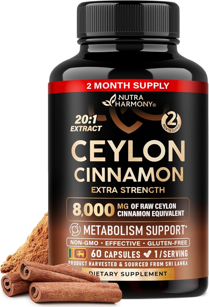 Ceylon Cinnamon Capsules - Extra Strength - Energy Heart & Metabolism Support for Men & Women - Pure Natural Cinnamon 20:1 Extract Supplement - GMO & Gluten Free - Made in USA - 60 Capsules 2 Month