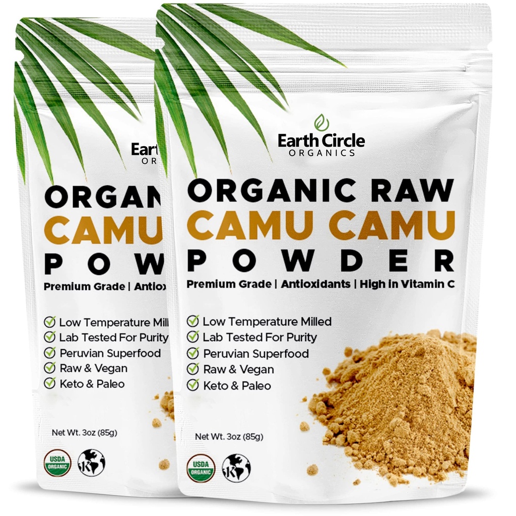 Earth Circle Organics Camu Camu Powder – Βιολογική Ακατέργαστη σκόνη καρπού με Φυσική Βιταμίνη C & Αντιοξειδωτικά – Vegan, Kosher, Μη ΓΤΟ Superfood για Ανοσία & Ενέργεια – 3oz (Pack of 2)
