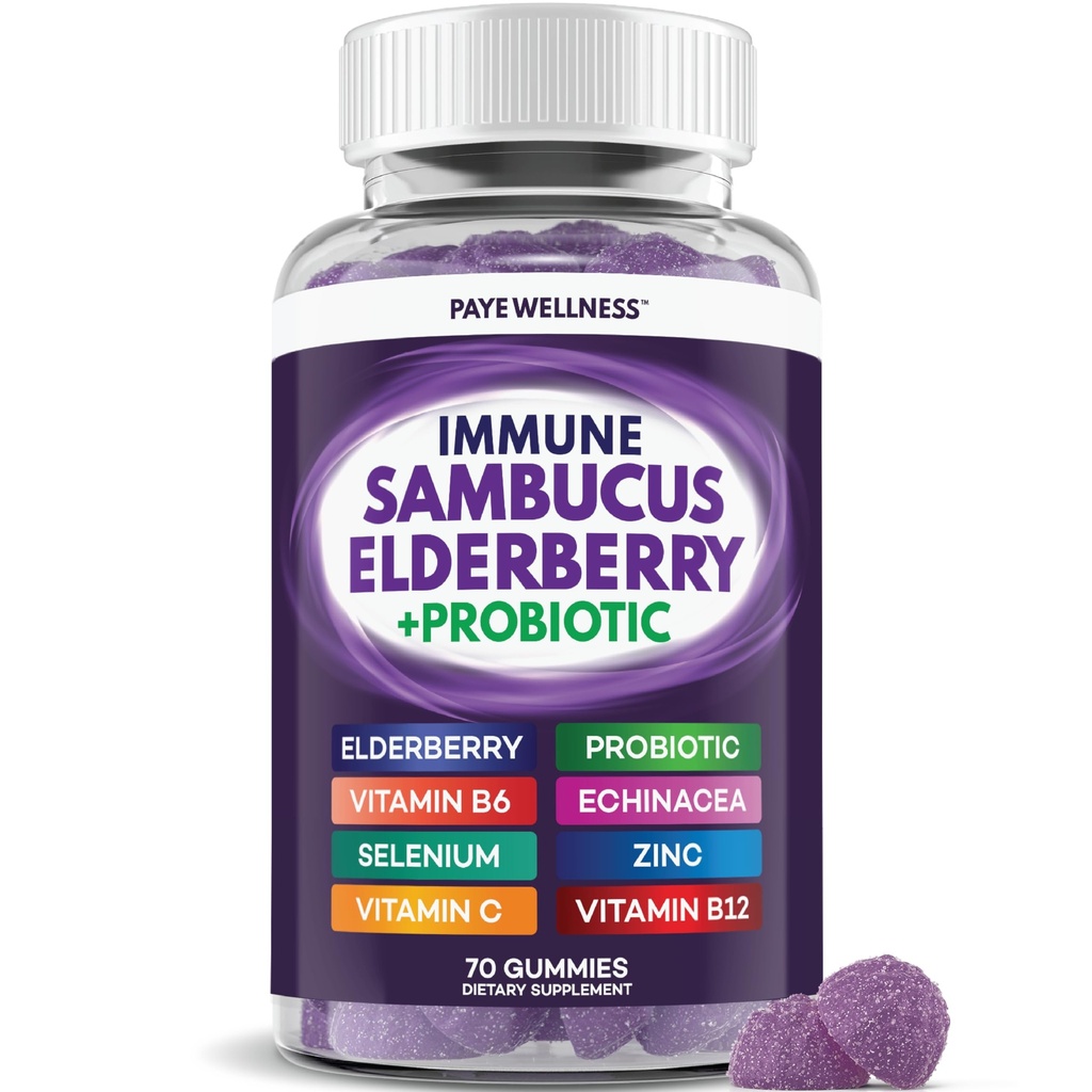 Elderberry Gummies Ανοσολογική Υποστήριξη, Καθημερινή Υποστήριξη για Παιδιά και Ενήλικες*, με Sambucus Elderberry, Ψευδάργυρος, Βιταμίνη C, D3, B6, B12, Plus - Συμπλήρωμα Διατροφής - 70 Count