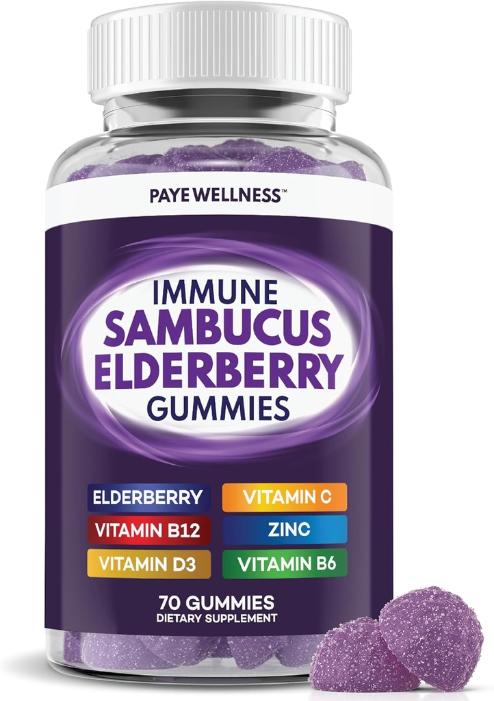Elderberry Gummies Ανοσολογική Υποστήριξη, Καθημερινή Υποστήριξη για Παιδιά και Ενήλικες*, με Sambucus Elderberry, Ψευδάργυρος, Βιταμίνη C, D3, B6, B12, Plus - Συμπλήρωμα Διατροφής - 70 Count