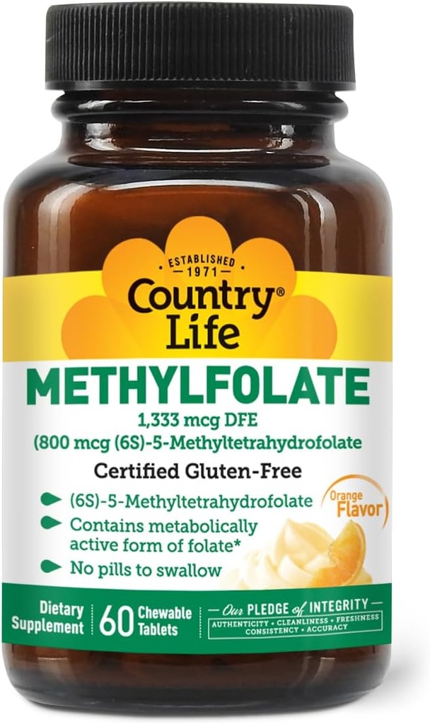 Country Life Methylfolate Chewable Tables - Μεταβολικά Ενεργό Φολικό - Great Tasting Orange Flavor - Χωρίς γλουτένη - Smooth Melts - Vegan B12 - Γυναικείες Βιταμίνες - Καθημερινή Συμπλήρωμα - 60 δισκία