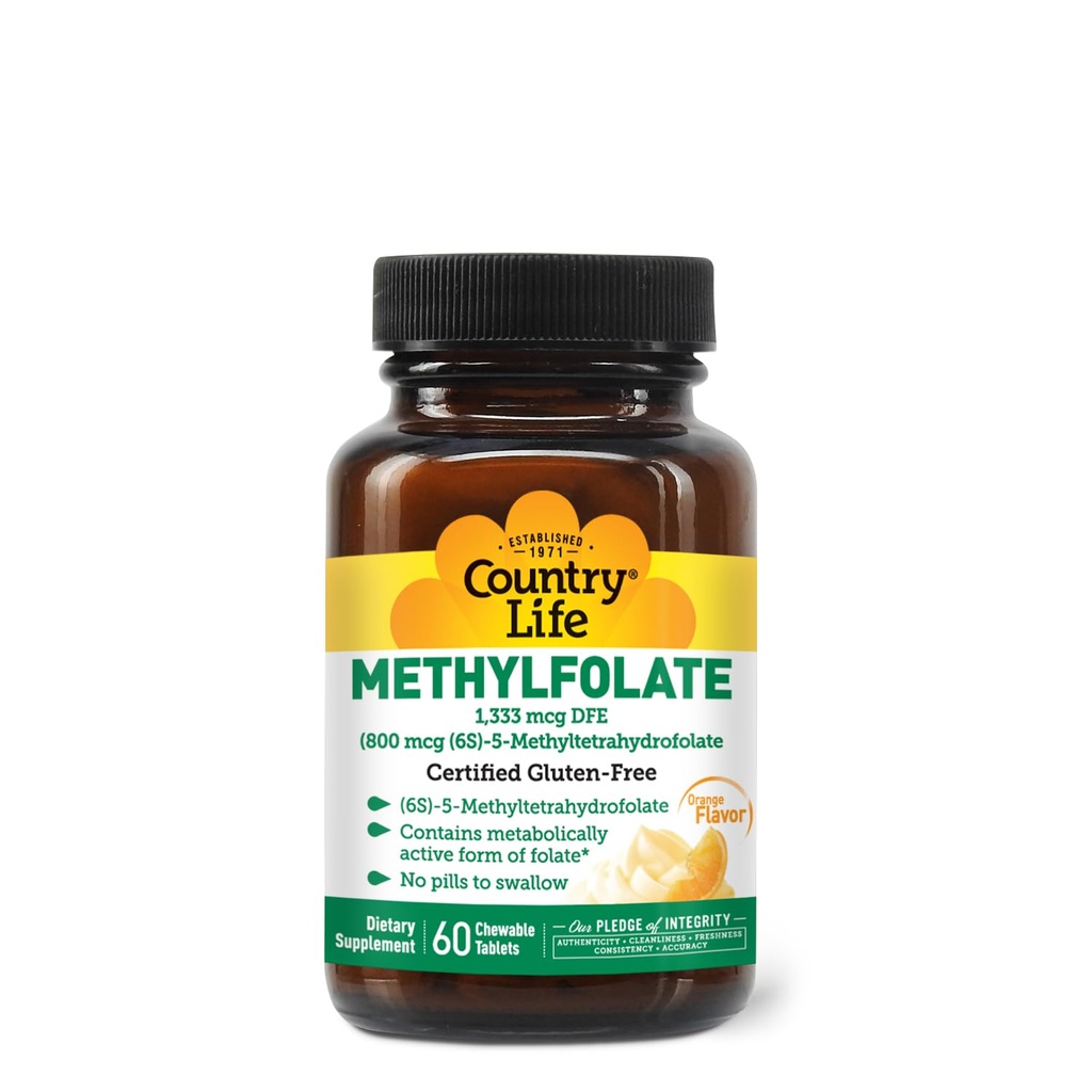Country Life Methylfolate Chewable Tables - Μεταβολικά Ενεργό Φολικό - Great Tasting Orange Flavor - Χωρίς γλουτένη - Smooth Melts - Vegan B12 - Γυναικείες Βιταμίνες - Καθημερινή Συμπλήρωμα - 60 δισκία