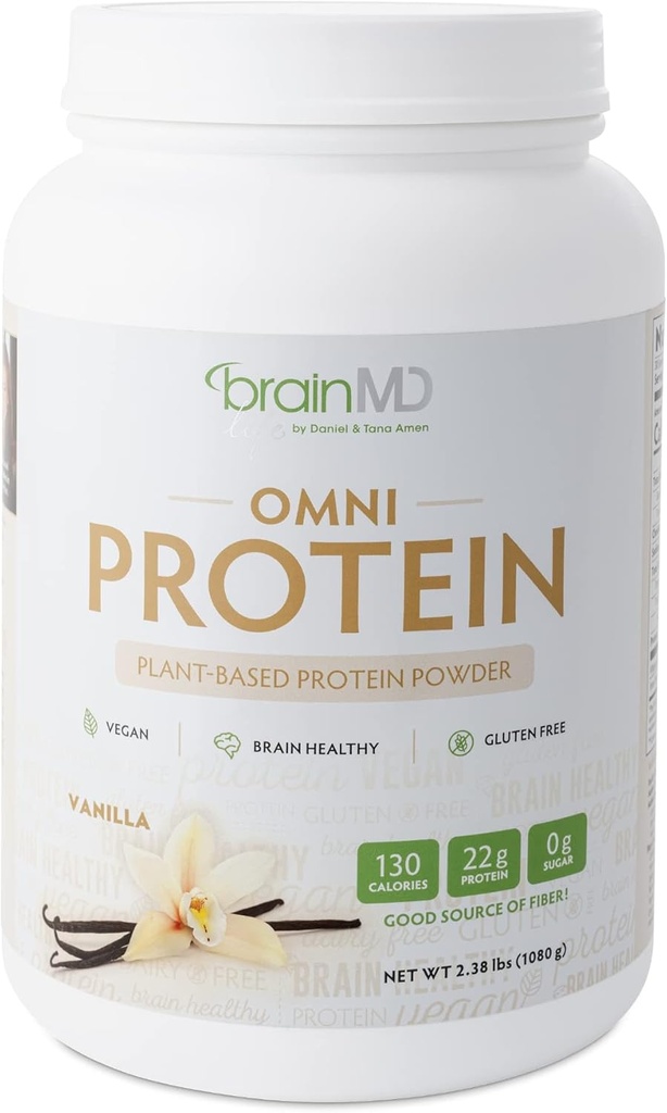 BRAINMD Dr Amen Omni Protein Vanilla - 2.38 λίβρες - Φυτικά βάση πρωτεΐνη σκόνη - Προάγει την ενέργεια & την αποκατάσταση της άσκησης - Vegan, χορτοφάγοι, χωρίς ζάχαρη, χωρίς γλουτένη - 30 εξυπηρετούν