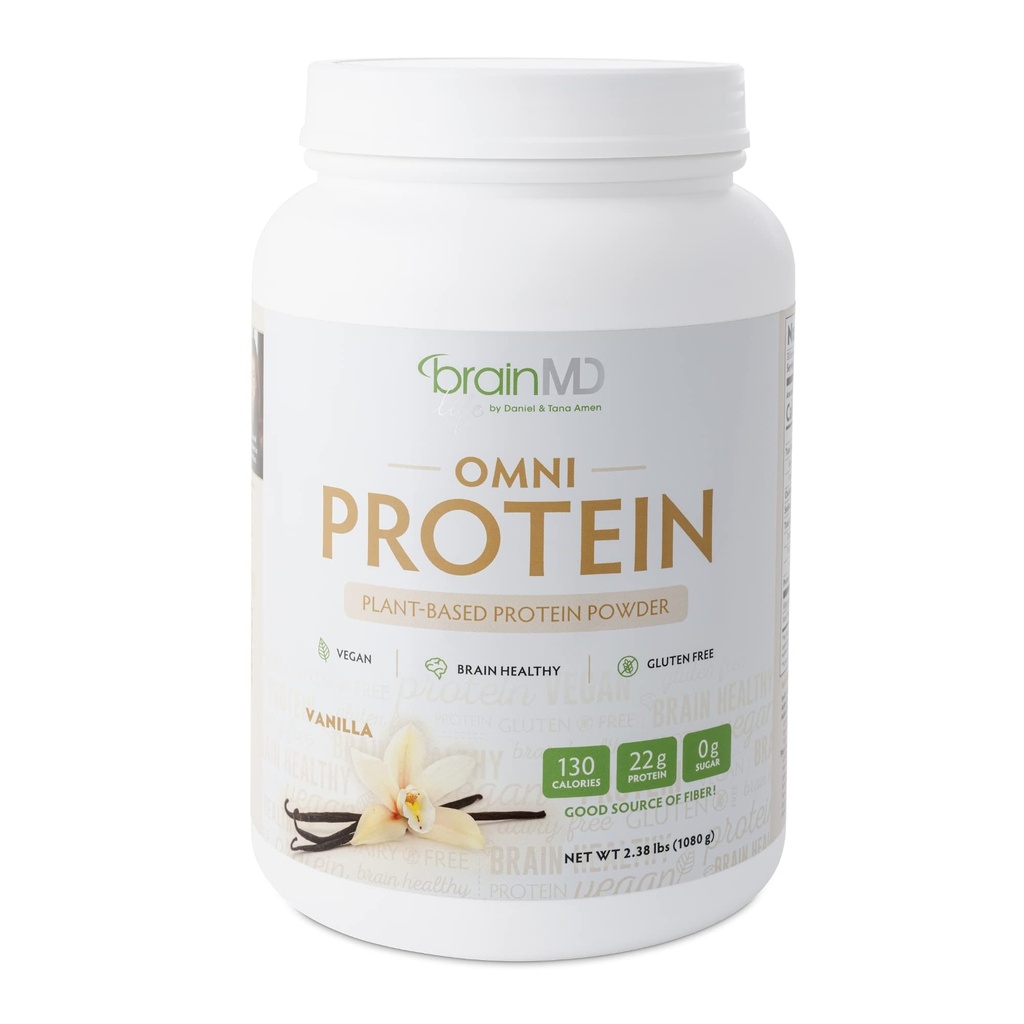BRAINMD Dr Amen Omni Protein Vanilla - 2.38 λίβρες - Φυτικά βάση πρωτεΐνη σκόνη - Προάγει την ενέργεια & την αποκατάσταση της άσκησης - Vegan, χορτοφάγοι, χωρίς ζάχαρη, χωρίς γλουτένη - 30 εξυπηρετούν
