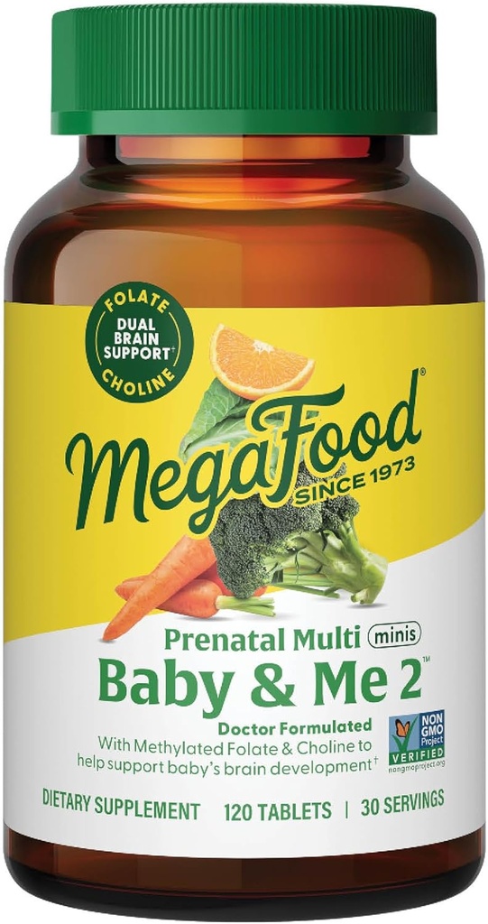 MegaFood Baby & Me 2 Prenatal Multi Minis - Προγεννητικές Βιταμίνες για γυναίκες με χολίνη & φολικό μεθύλιο - Χωρίς γλουτένη, χορτοφαγική, Pre Natal Multivitamin για γυναίκες – 120 Minis Tablets, 30 Servings
