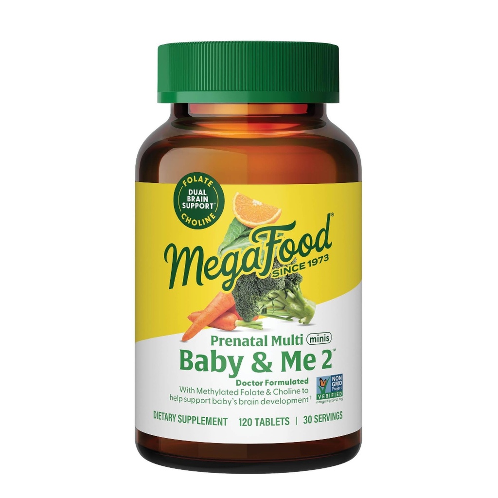 MegaFood Baby & Me 2 Prenatal Multi Minis - Προγεννητικές Βιταμίνες για γυναίκες με χολίνη & φολικό μεθύλιο - Χωρίς γλουτένη, χορτοφαγική, Pre Natal Multivitamin για γυναίκες – 120 Minis Tablets, 30 Servings