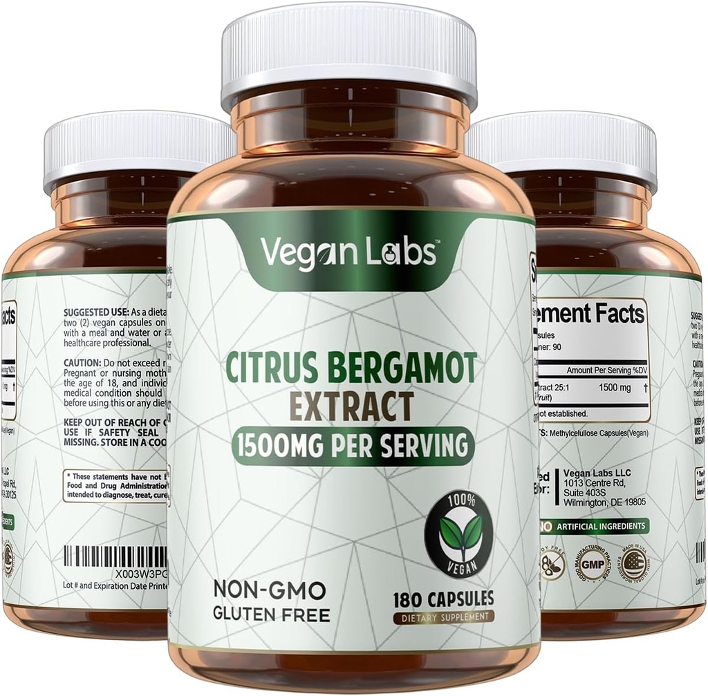 Vegan Labs Citrus Bergamot Extract 1500MG- 180 Vegan Κάψουλες- 25:1 Citrus Bergamia Extract- Υποστηρίζει τη συνολική υγεία και αντιοξειδωτική προστασία-χωρίς γλουτένη, μη ΓΤΟ