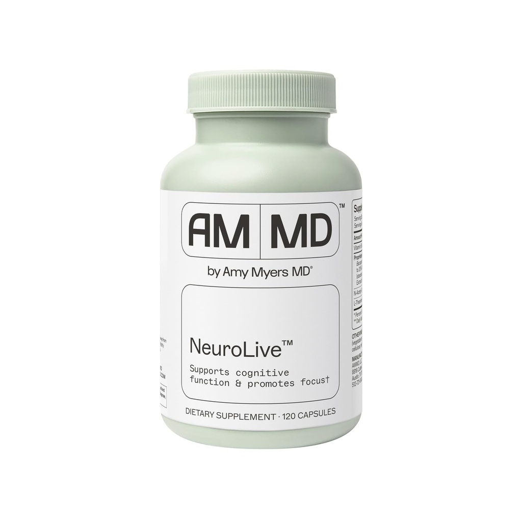 Amy Myers MD NeuroLive - Συμπλήρωμα Εγκεφαλικής Υγείας για Γνωστική Λειτουργία & Υποστήριξη Εστίασης - με Βιταμίνη Β - Χωρίς Γλουτένη, Μη-Dairy & Μη-Σόγια - 120 Κάψουλες (60 Υπηρεσίες)