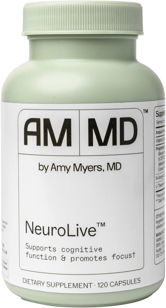 Amy Myers MD NeuroLive - Brain Health Supplement for Cognitive Function & Focus Support - with Vitamin B - Gluten-Free, Non-Dairy & Non-Soy - 120 Capsules (60 Servings)