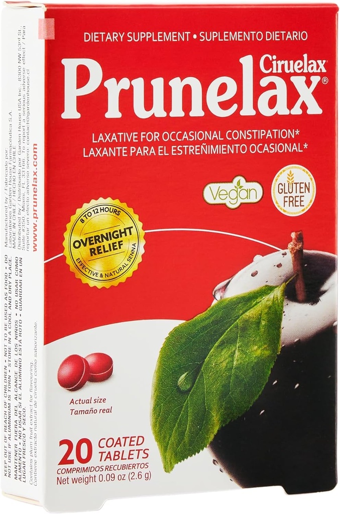 Prunelax Ciruelax Laxative Strength Mini Tablets - Διανυκτέρευση Ανακούφιση για Περιστασιακή Δυσκοιλιότητα, Senna Extract, Vegan & Gluten-free, Gentle Relief - 20ct