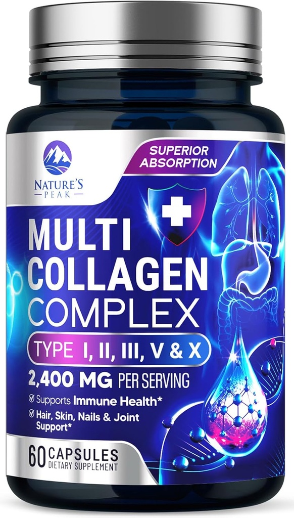 Multi Collagen Peptides συμπλήρωμα για τα μαλλιά, νύχια, δέρμα - Type I, II, III, V, X, Collagen Powder Pills - Grass-Fed, Hydrolyzed για τα οστά και κοινή υποστήριξη για γυναίκες & άνδρες, μη ΓΤΟ - 60 κάψουλες