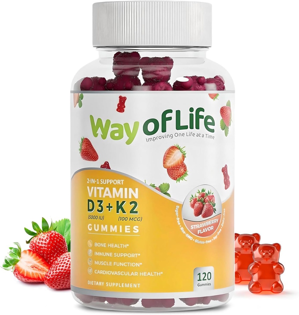 Βιταμίνη D3 5000 IU (125 mcg) + K2 (MK-7) 100 mcg Χωρίς ζάχαρη Gummies, Φράουλα - 120 μετρώντας, Οστό και καρδιά Υγεία για Ενήλικες, Μυική Διασκέδαση, Πεκτίνη, Νόστιμο, Chewy, Μη-GMO, Χωρίς γλουτένη, Ζελατίνη-ελεύθερο