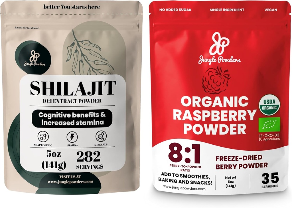 Σκόνες Ζούγκλας Superfood Bundle: 5oz Raw Shilajit & 5oz Βιολογικό Combo Σμέουρων - Ανδρική Ενεργειακή Υποστήριξη, Ανοσοποιητικό Ενίσχυση, USDA Certified Freeze-Dried Red Raspberries for Bakeing, Smoothies