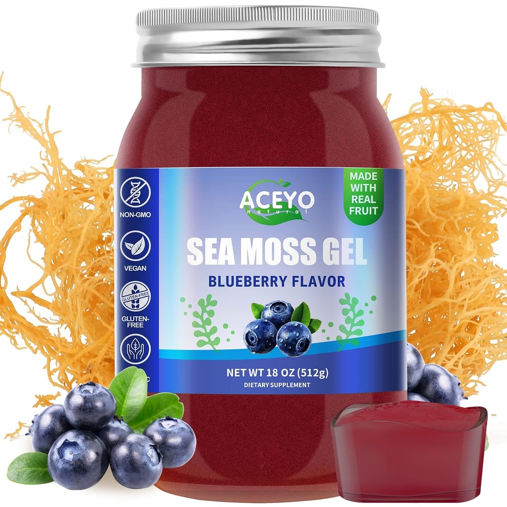 ACEYO (18 OZ) Ιρλανδική Θάλασσα Moss Gel Βιολογικό Ακατέργαστο Vegan Blueberry Flavor 102 Βιταμίνες και Ορυκτά Άγρια Συγκομιδή Μη-ΓΤΟ Ανοσοποιητικό αμυντικό ενισχυτή Thyroid