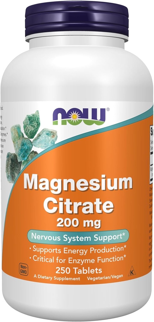 NOW Supplements, Magnesium Citrate 200 mg, Enzyme Function*, Nervous System Support*, 250 Count (Pack of 1)