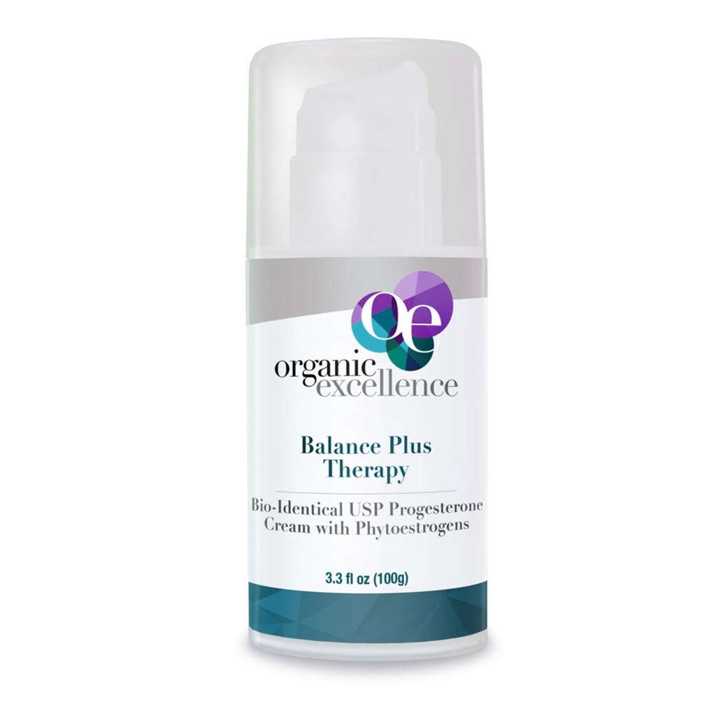 Organic Excellence Balance Plus Therapy - USP Bioidentical Organic Progesterone Cream for Women - with Phytoestrogens - for Menopause Relief and Natural Hormone Balance, 3.3 fl oz (100g)