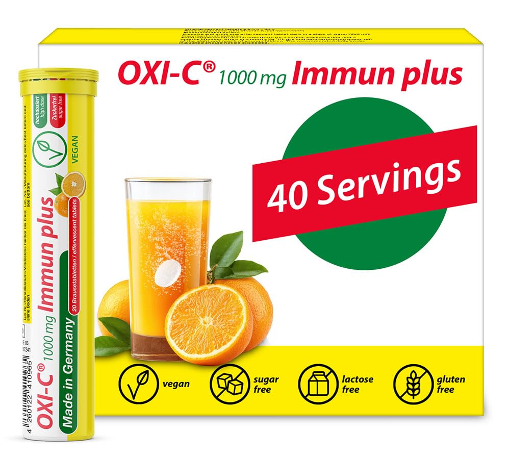 T&D Oxi C 1000 mg Vitamin C - 40 Vegan Drink Effervescent Tablets - Orange Flavor - Made in Germany