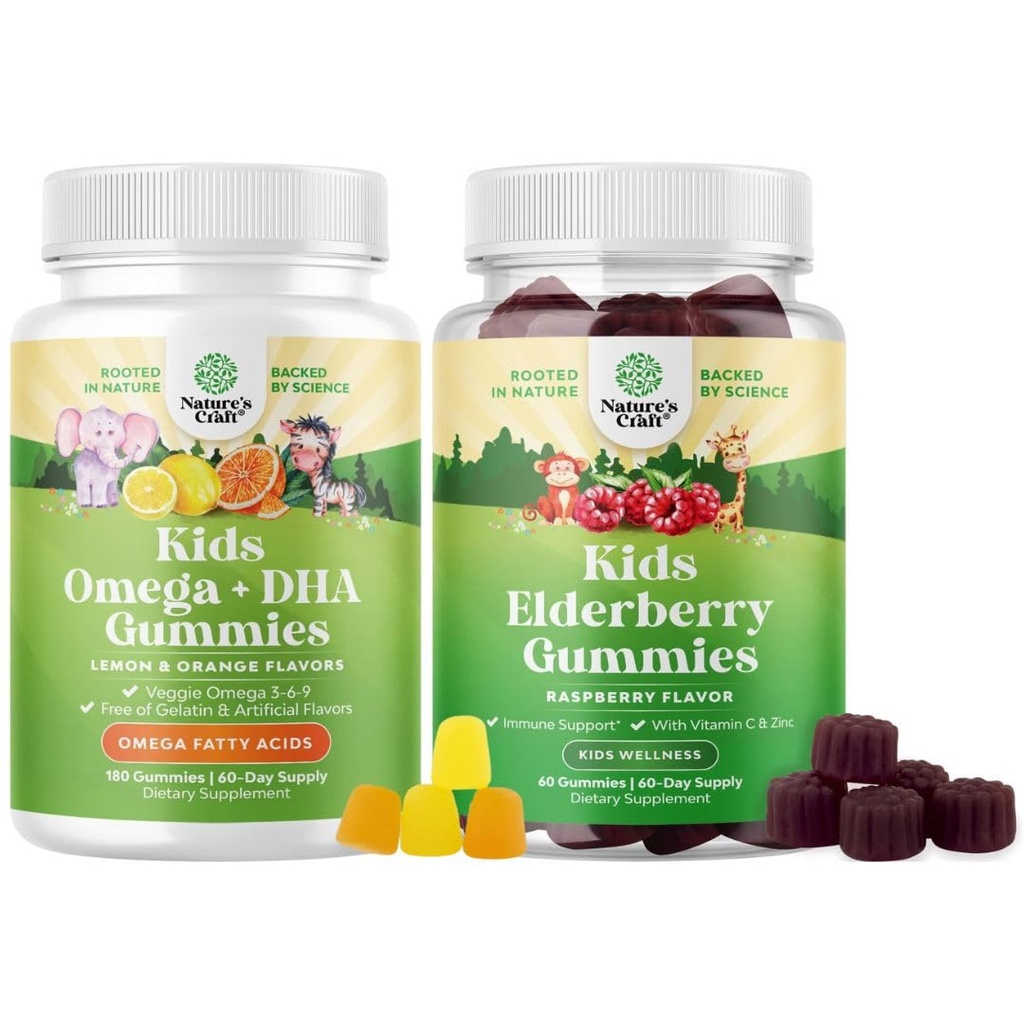 Πακέτο Omega DHA Gummies για τα παιδιά - Λιπαρά Οξέα Ωμέγα 3 6 9 με βιταμίνη C για τον εγκέφαλο, την ανοσία & την όραση και το Sambucus Elderberry Gummies για τα παιδιά Υγεία με ψευδάργυρο & βιταμίνη C για ανοσοποιητική υποστήριξη