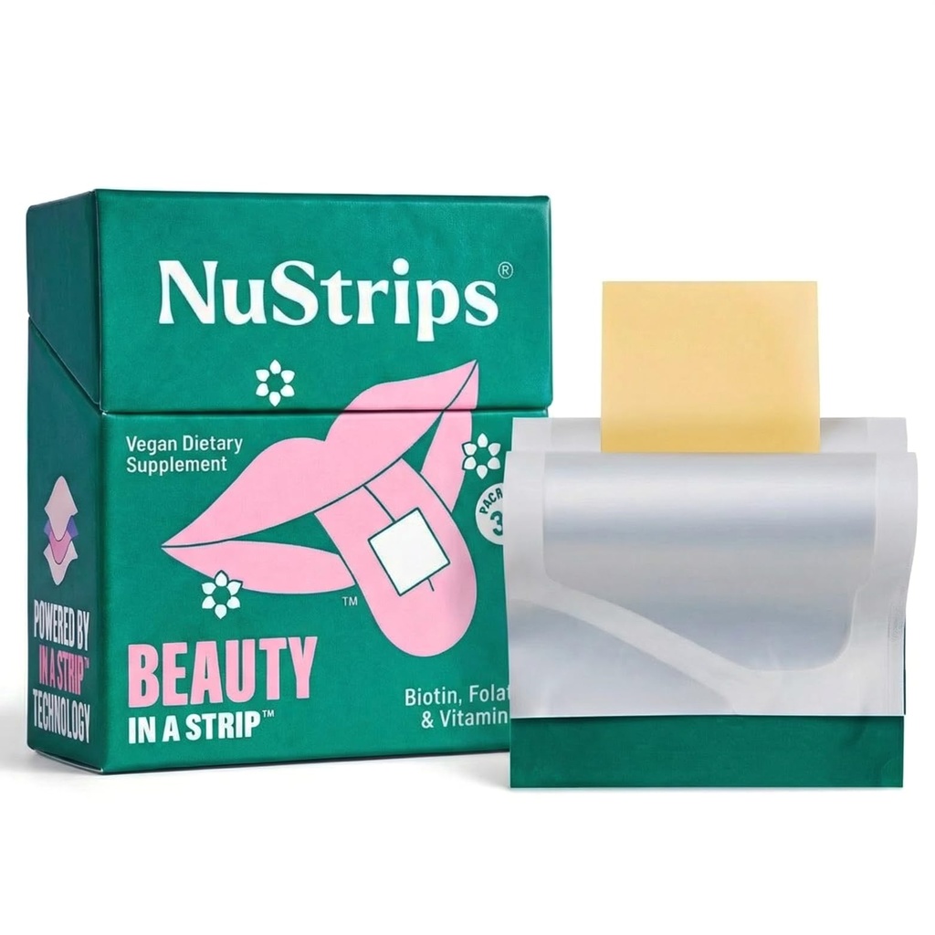 NuStripsTM Fast-Dissolving ταινίες ομορφιάς με Biotin, Folate & Vitamin E – Συμπλήρωμα μαλλιών, δέρματος & νυχιών – Υποστηρίζει την ανάπτυξη των μαλλιών & μειώνει την πτώση των μαλλιών – μη-GMO, Vegan – Delicious Φράουλα – 30 ταινίες