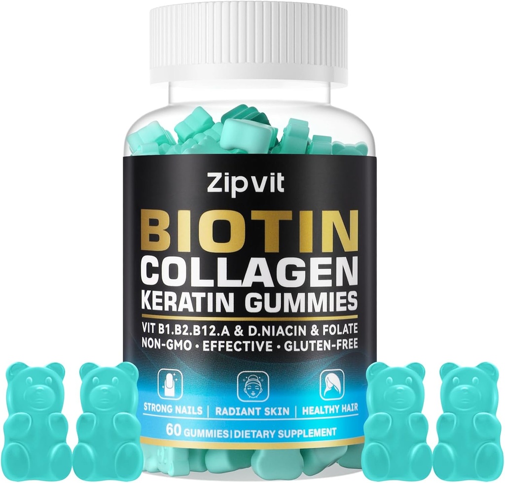 Biotin Collagen Gummies – Δέρμα μαλλιών και νύχια Βιταμίνες για γυναίκες και άνδρες – Βιταμίνες ανάπτυξης μαλλιών: B1, B2, B3, B6, B7, Κολλαγόνο, κερατίνη, βιταμίνη Α & D – Συμπλήρωμα ανάπτυξης μαλλιών – 60 Gummy Bears