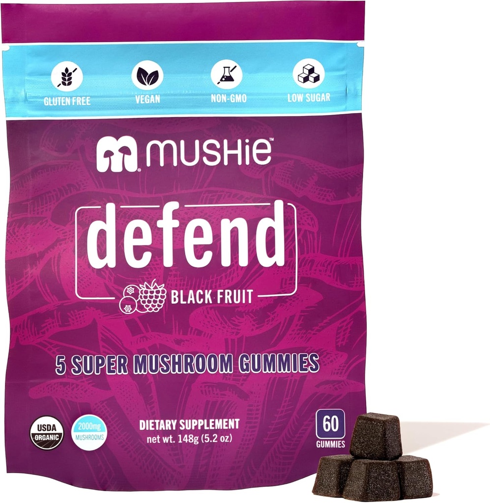 Mushie 100% Organic 5 Super Mushroom Complex Gummies - 2000mg Reishi, Turkey Tail, Maitake, Chaga & Shiitake Blend - Υγεία και ανοσοποιητική υποστήριξη με βιταμίνη D - Vegan, Χωρίς γλουτένη - 60 Count